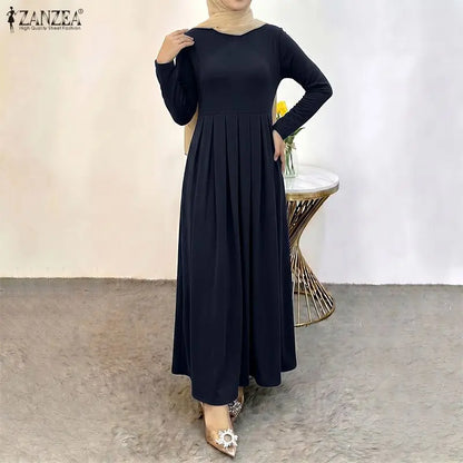 Elegant Muslim Dress Abaya ZANZEA Ramadan Robe Women Casual O Neck Long Sleeve Pleated Dresses Solid Color Baggy Sundress Kaftan