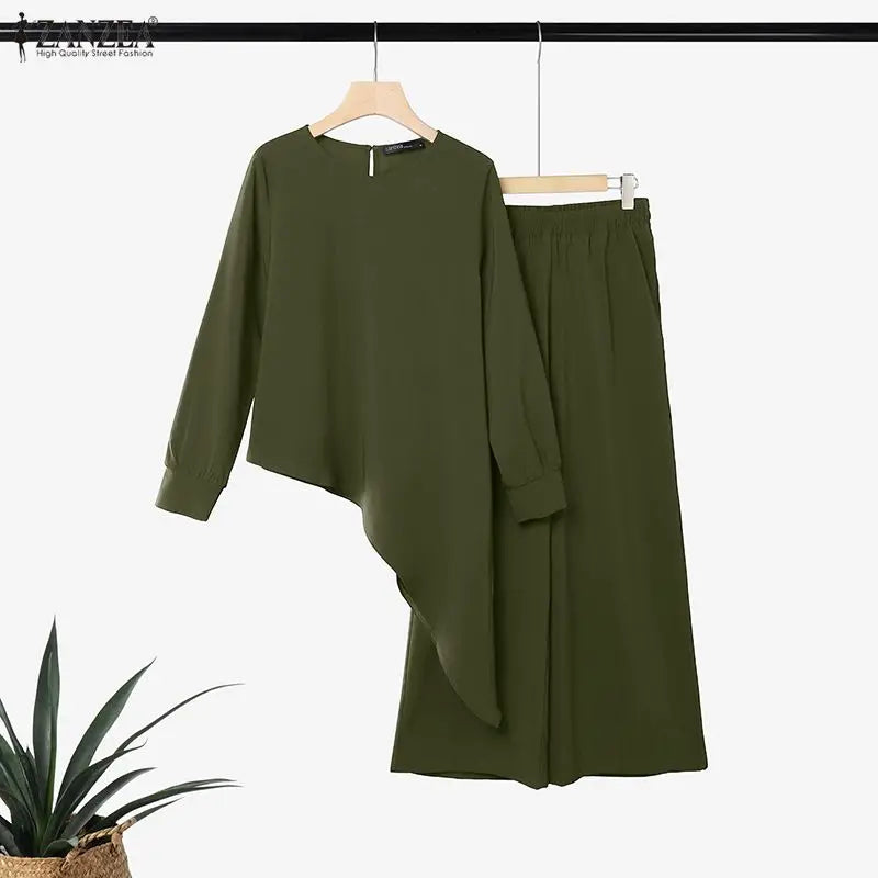 ZANZEA Women Pants Sets Two Piece Outfit Irregular Hem Tunic Tops Wide Leg Pant Casual O Neck Long Sleeve Solid Color 2PCS