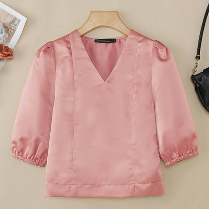 ZANZEA Women's Elegant Satin Short Blouses Summer 3/4 Lantern Sleeves V-Neck Tops Sophisticated Solid Color Blusas de Mujer