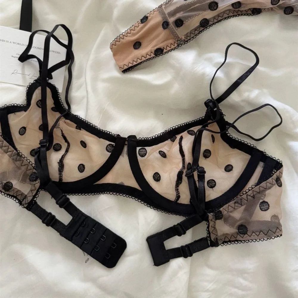 Ladies Polka Dot Lace Embroidery Bra Panty Set Soft Underwire Sheer Mesh Unlined Support Everyday Intimate Lingerie 32-38 Suit