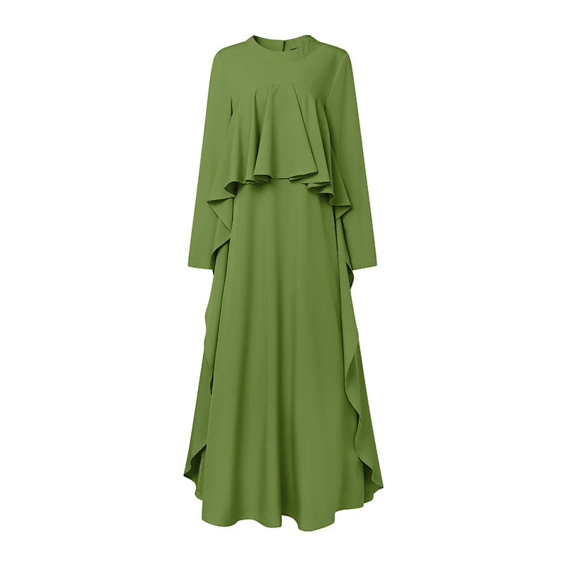 ZANZEA Women Elegant Long Sleeve Muslim Abaya Dress Robe Femme Stylish Ruffled Maxi Dresses Solid Loose Ramadan Sundress Kaftan