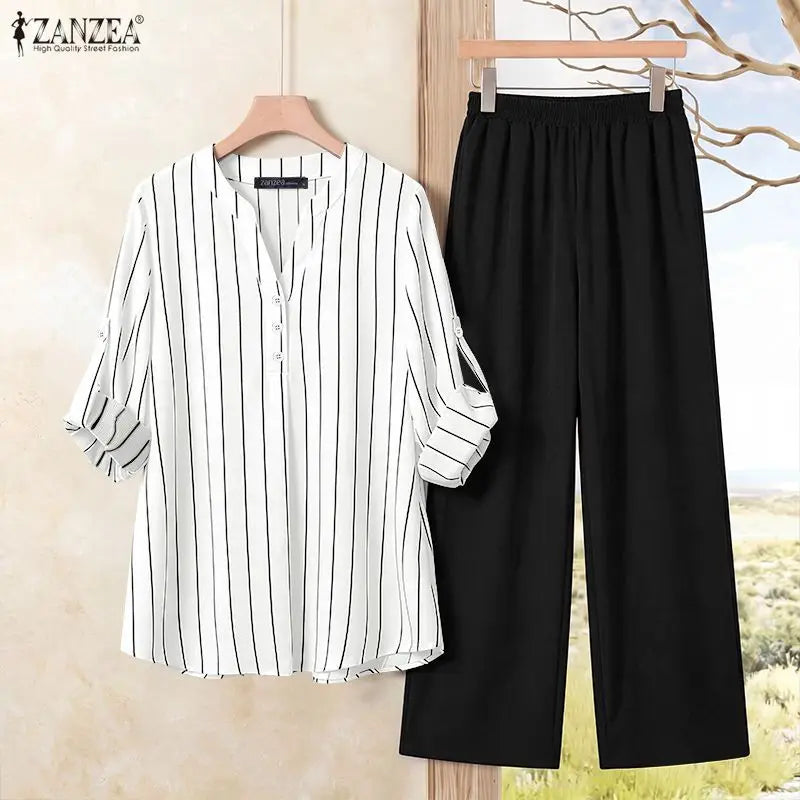ZANZEA 2PCS Autumn Outfits Casual V Neck Long Sleeve Tops Pant Sets Women Striped OL Style Outfits Stylish 2 Pieces Sets Korean