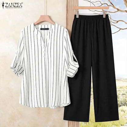 ZANZEA 2PCS Autumn Outfits Casual V Neck Long Sleeve Tops Pant Sets Women Striped OL Style Outfits Stylish 2 Pieces Sets Korean