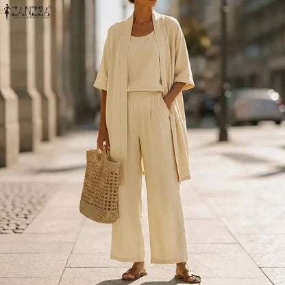 ZANZEA Feamle Cardigan Sleeveless Tanks Tops With Pants Stylish Women 3 Pieces Sets Casual Holiday Outfits Solid Color Tracksuit