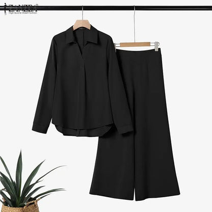 2026 ZANZEA Office Lady Pants Sets Women V Neck Long Sleeve Tops Wide Leg Trousers Suit 2026 Spring Solid Work Outfits Tracksuit