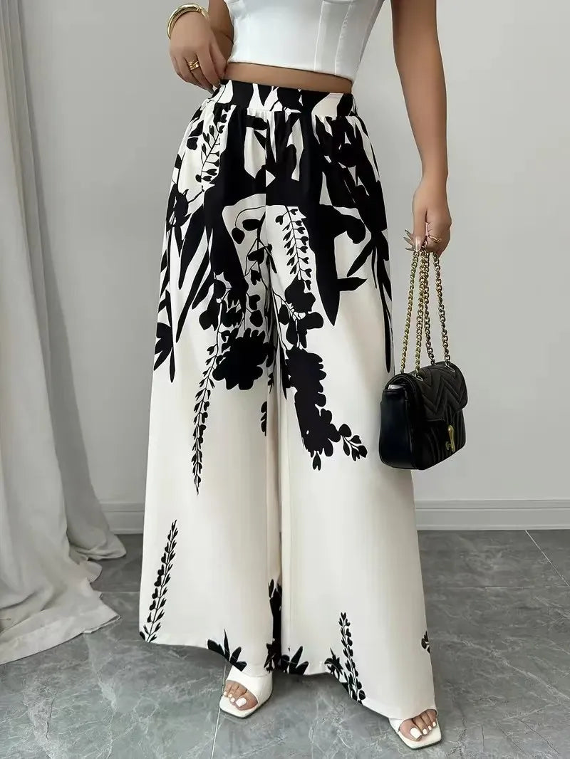 Women's Tropical Print Wide-Leg Pants, Elastic Waist Design, Slim Fit for Casual Vacation Wear