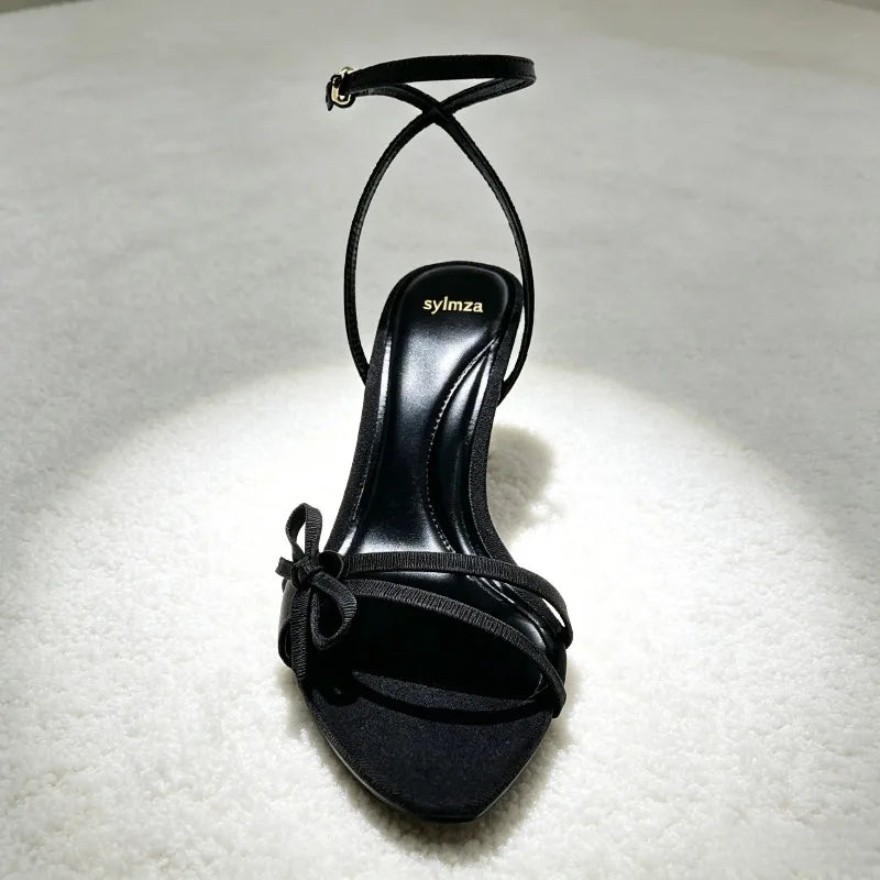 Black Bowknot Detail Satin Heeled Sandals for Women Fashion Ankle Strap Buckle Stiletto Designer Shoes Elegant Party Dress Shoes