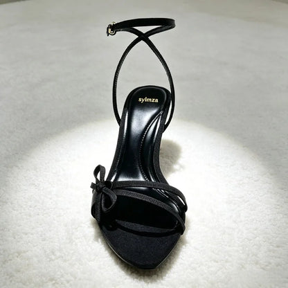 Black Bowknot Detail Satin Heeled Sandals for Women Fashion Ankle Strap Buckle Stiletto Designer Shoes Elegant Party Dress Shoes