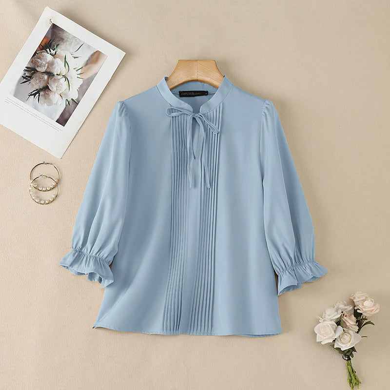 ZANZEA Women's Elegant 3/4 Puff Sleeve Blouses Summer Lace-Up Stand Collar Pintuck Tops Daily Casual Solid Color Blusas de Mujer