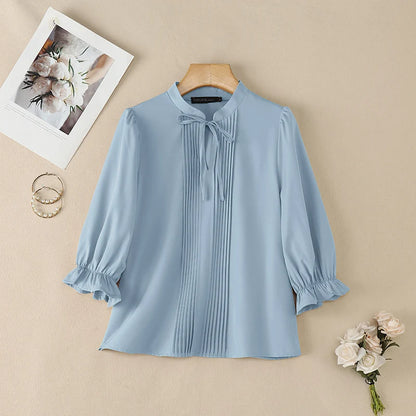 ZANZEA Women's Elegant 3/4 Puff Sleeve Blouses Summer Lace-Up Stand Collar Pintuck Tops Daily Casual Solid Color Blusas de Mujer