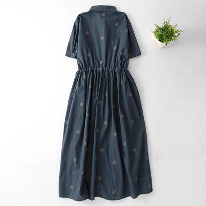 Cotton and Linen Printed Short-sleeved Single-breasted Shirt Dress Women's Summer New Artistic Chinese Style Chic Casual Dress