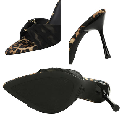 BIGTREE Shoes Women Sandals Leopard Pleated Lace Women Pumps Open-toe High-Heeled Sandals Summer Slippers Stiletto 9 Cm Heels ﻿