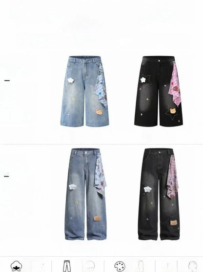 Seven-Quarter Length Embroidered Wide Leg Loose Fit Thin Denim Shorts Summer New Style Korean Style High Waist Straight Tube ...
