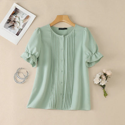 ZANZEA Women Elegant Pintuck Detailing Blouses Summer Casual Short Sleeve Tops Commute Solid Color O-Neck Button Up Blusas Mujer