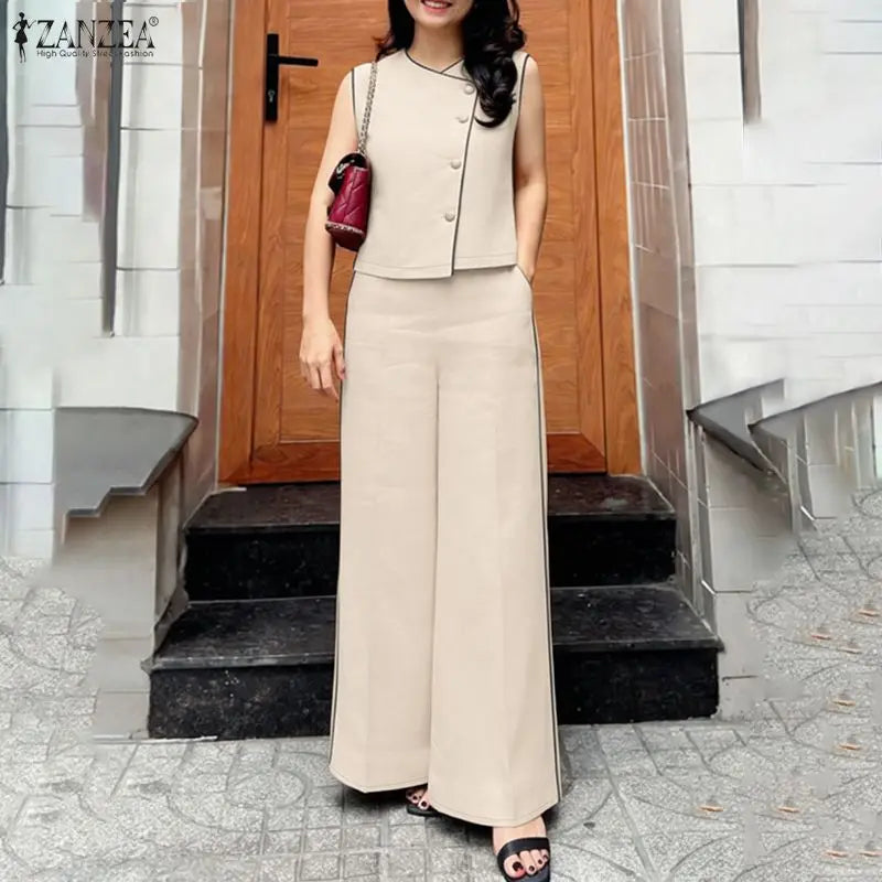ZANZEA Fashion V Neck Sleeveless Tanks Tops Trousers Suit Summer Women Matching Sets Casual OL Work Pant Sets Holiday Tracksuit