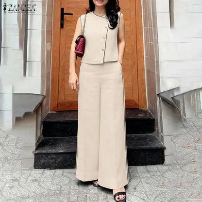 ZANZEA Fashion V Neck Sleeveless Tanks Tops Trousers Suit Summer Women Matching Sets Casual OL Work Pant Sets Holiday Tracksuit