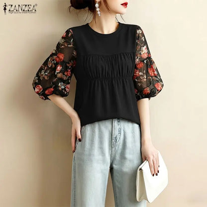 ZANZEA Women's Summer Elegant Blouses Floral Printed 3/4 Lantern Sleeve Patchwork Tops Feminine O-Neck Shirred Blusas de Mujer