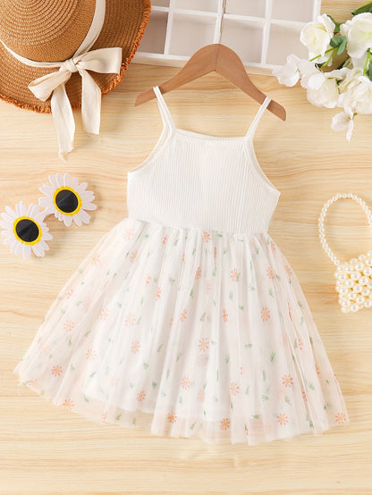 White Camisole 3D Flower Dress - Floral Tulle Hem Girls’ Fairy Sweet Princess Gown