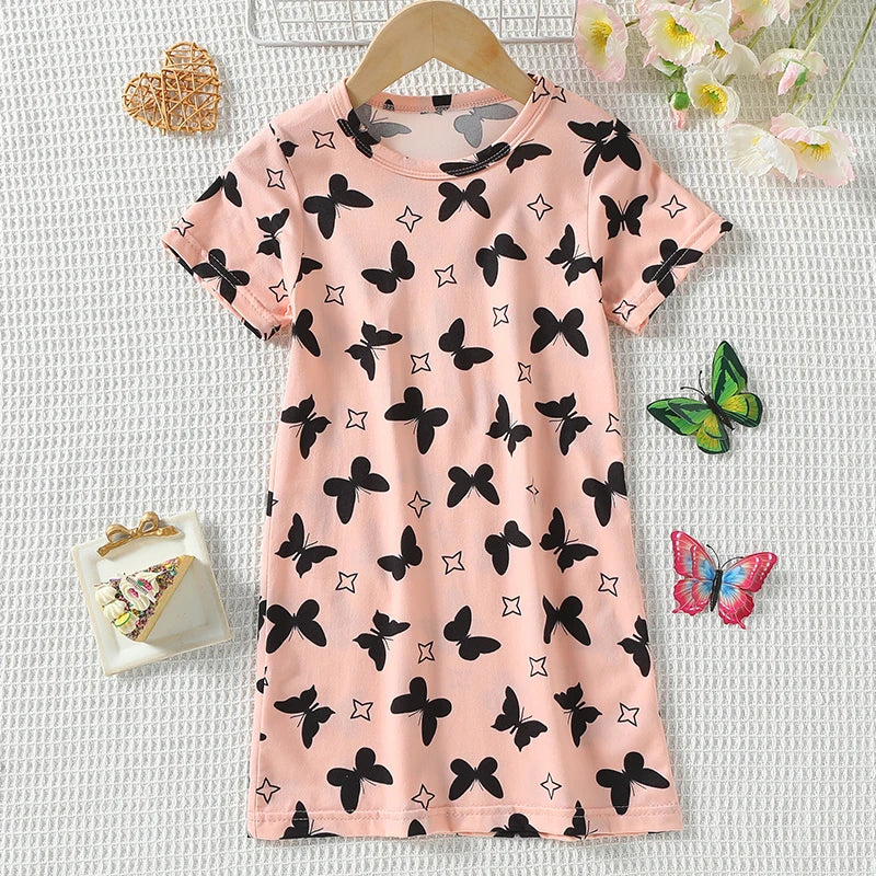 Summer girl sweet and cute dress, fashionable and versatile round neck print knee length skirt, comfortable and soft home skirt