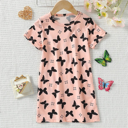 Summer girl sweet and cute dress, fashionable and versatile round neck print knee length skirt, comfortable and soft home skirt
