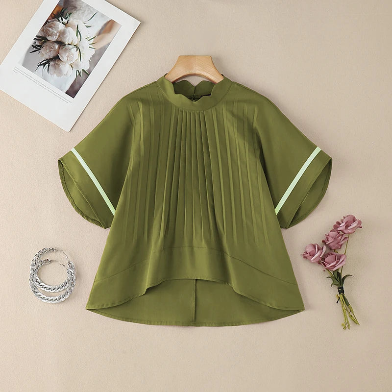 ZANZEA Women's Pleated Scalloped Mock Neck Blouses, Fashion High-Low Hem Tops with Contrast Trim Bell Sleeves, Woman Clothes