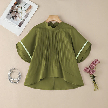 ZANZEA Women's Pleated Scalloped Mock Neck Blouses, Fashion High-Low Hem Tops with Contrast Trim Bell Sleeves, Woman Clothes
