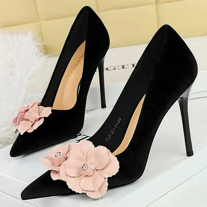 Fashiona High Heels 9.5 cm Color Blocked Flowers Women Pumps Thick Suede Elegant Banquet Shoes Stilettos Heeled Shoes Woman 2026