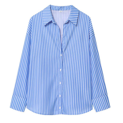 HXAO 2025 Woman Blouses Long Stripe Shirts Women Spring Summer Long Sleeve Blue White Shirt Woman Large Tops Button Up Shirts