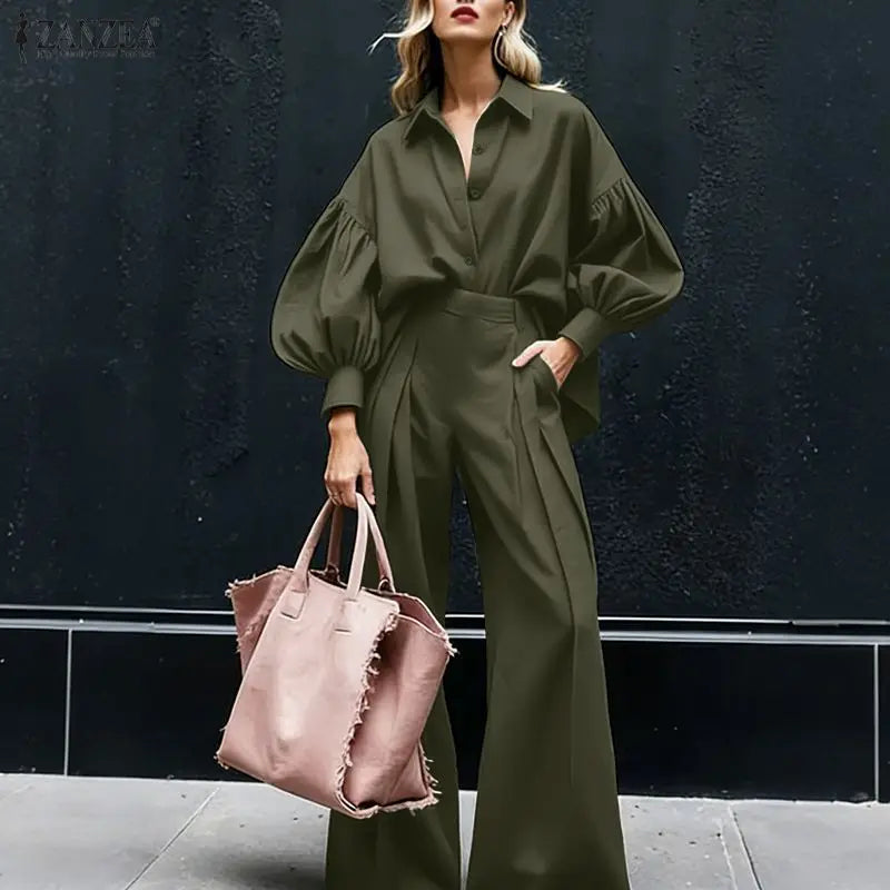 ZANZEA Women's Elegant Chic Pant Suits Lantern Sleeve Shirt & Wide Leg Pant 2 Pieces Sets Oversized Pant Sets Outfits Streetwear
