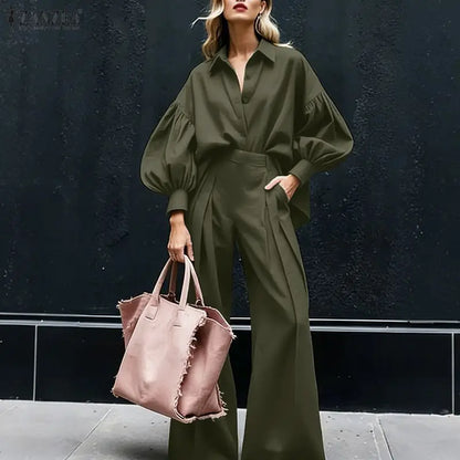 ZANZEA Women's Elegant Chic Pant Suits Lantern Sleeve Shirt & Wide Leg Pant 2 Pieces Sets Oversized Pant Sets Outfits Streetwear