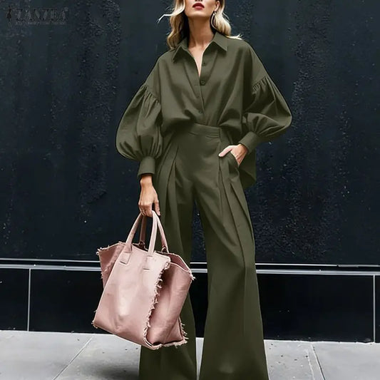 ZANZEA Women's Elegant Chic Pant Suits Lantern Sleeve Shirt & Wide Leg Pant 2 Pieces Sets Oversized Pant Sets Outfits Streetwear