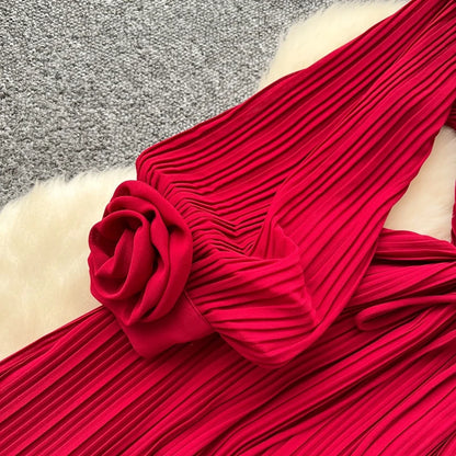 2025 New Fashion Heavy Industry Three Dimensional Flower Perspective Mesh Splicing Long Sleeve Waist Folding Dress for Women