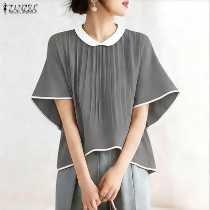ZANZEA Woman Casual Chic Pleated High-Low Blouses Peter-Pan Collar Half Sleeves Contrast-Color Tops 2026 Summer Blusas de Mujer