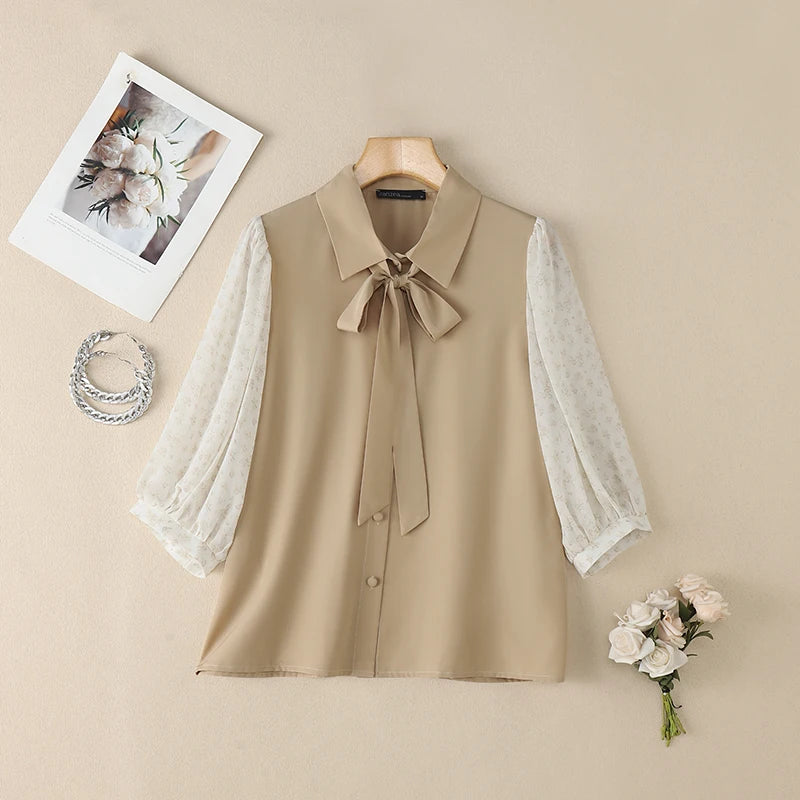 ZANZEA Elegant Women's Contrast-Color Shirts Floral Printed Puff Sleeve Bowtie Collared Casual Tops Summer Woman Clothes S-3XL
