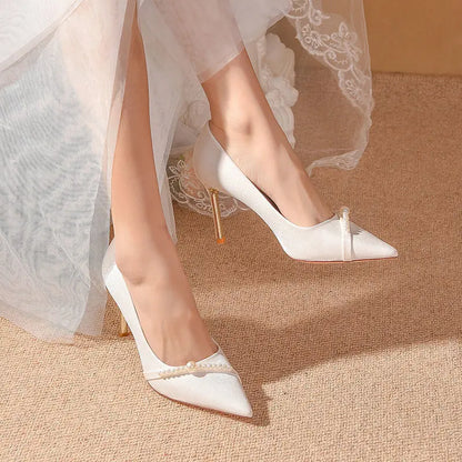 Women's Summer Footwear Bride Pumps Shoes for Woman 2025 Wedding Shoe on Heeled Pointed Toe Pearl Stilito High Heels Popular 39