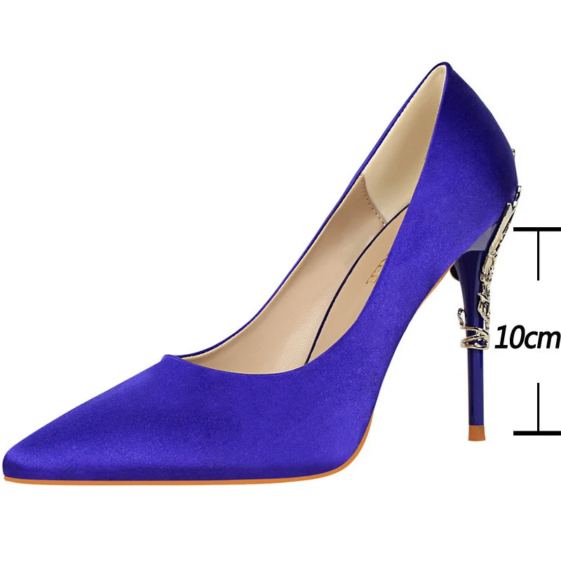 BIGTREE Shoes Women Pumps Flower Carved Metal Heel Women Shoes Fashion Wedding Shoes Satins Stilettos Heels 10 Cm High Heels