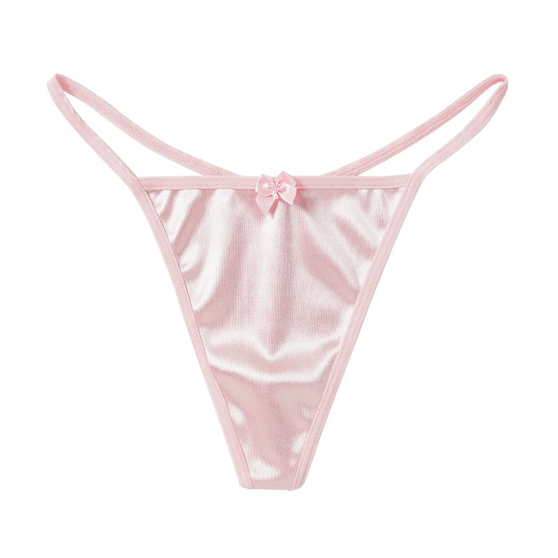 1/3Pcs Women Satin Thong Underwear Sexy Low Waist Bow G-string Cotton Crotch T-back Panties M-2XL