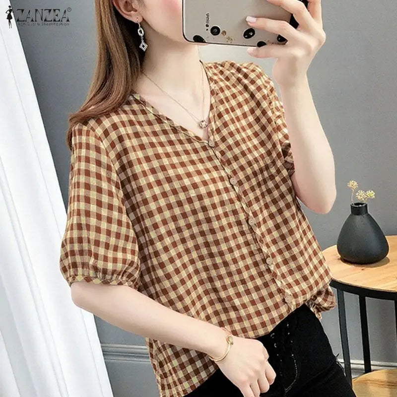 ZANZEA Women Loose Gingham Shirts Vintage Half Puff Sleeve V-Neck Button Up Tops Summer Daily Casual Plaid Blusas de Mujer