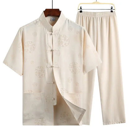 Men's Red Two-piece Summer Set: A Short Jacquard Shirt in Chinese Style Paired with Elastic-waist Pants. White, Gray, Beige-Blue
