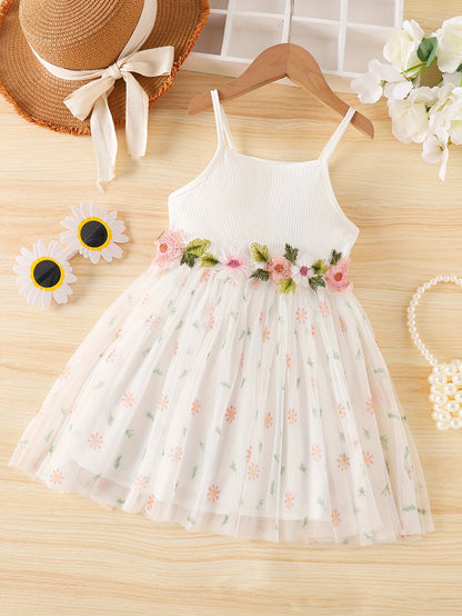 White Camisole 3D Flower Dress - Floral Tulle Hem Girls’ Fairy Sweet Princess Gown