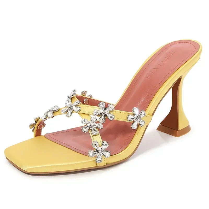 Shiny Crystal Flowers Decorative Women's Sandals 2025 Elegant High Heeled Slide Sandals for Women Cross Strap Summer High Heels