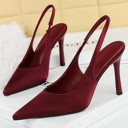 BIGTREE Shoes New Silks Satins Women Pumps Rear Strap Pointed End High Heels Stiletto Heels 9.5 Cm Summer High-Heeled Sandals