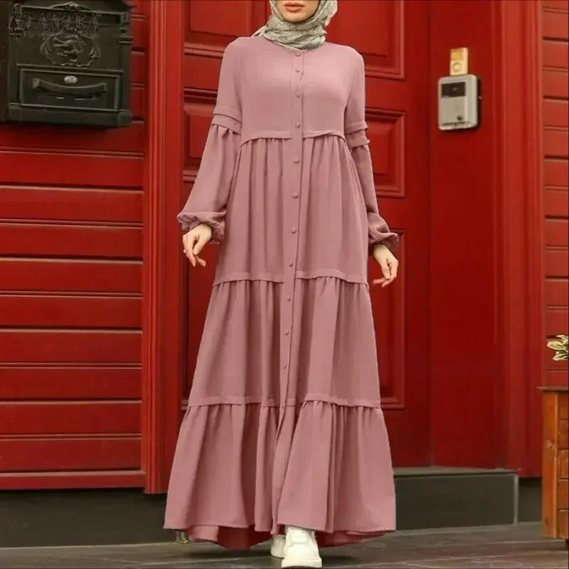 Women Autumn Dresses ZANZEA Muslim Abaya Robe Femme Elegant Long Sleeve Pleated Sundress Ramadan Kaftan Solid Button Vestido