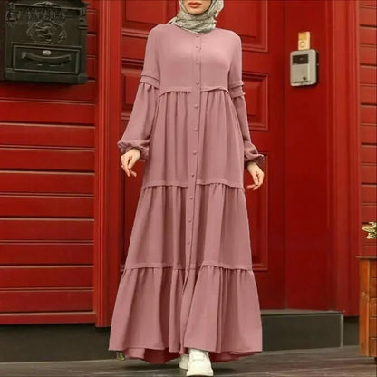 Women Autumn Dresses ZANZEA Muslim Abaya Robe Femme Elegant Long Sleeve Pleated Sundress Ramadan Kaftan Solid Button Vestido