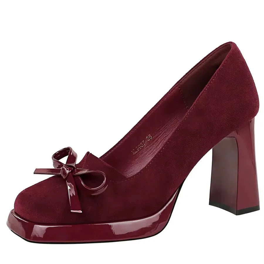 BIGTREE Shoes Chunky Block Heels Women Pumps Bow Decoration High Heels Square Headed Platform High Heels Suede Ladies Shoes 2026