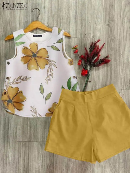 2024 ZANZEA Summer Short Sets Floral Printed Sleeveless Tanks Tops Pant Sets 2PCS Holiday Beach Outfits Women Bohemain Tracksuit