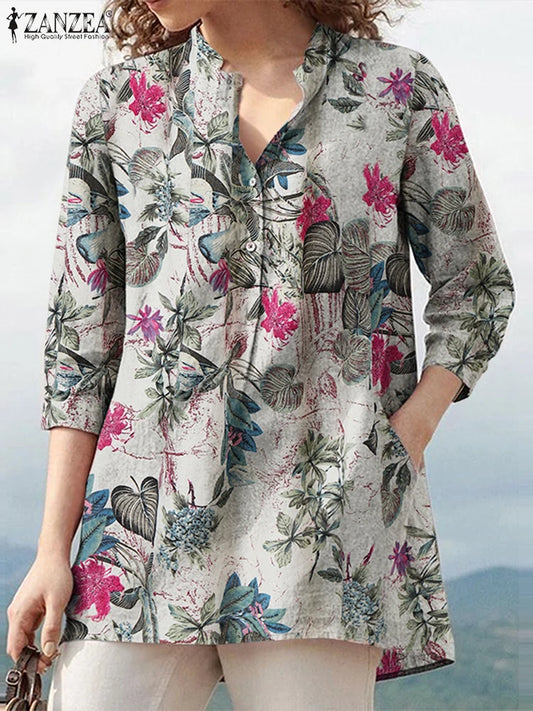 ZANZEA Oversize Women 3/4 Sleeve Blouses Vintage Floral Print Half-Button Cotton Shirts 2025 Summer Everyday Casual Loose Tops