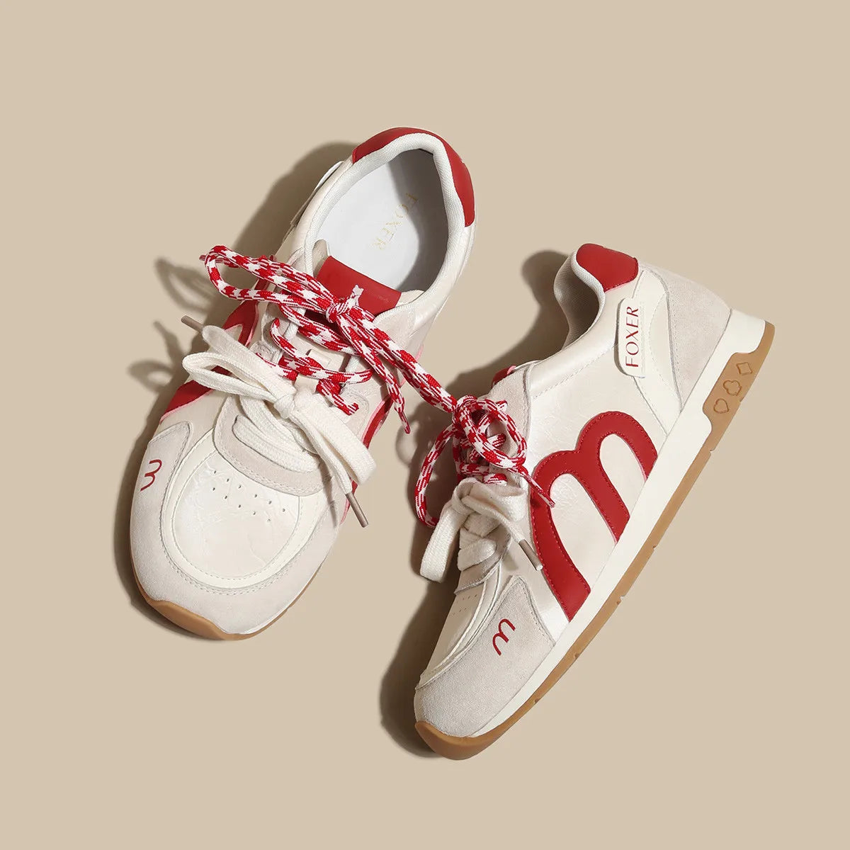 FOXER Retro Mesh Sneakers for Women Pig Split Leather Fashion Ladies Casual Running Shoes Daily Non Slip Walking Footwear