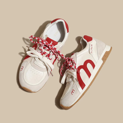 FOXER Retro Mesh Sneakers for Women Pig Split Leather Fashion Ladies Casual Running Shoes Daily Non Slip Walking Footwear