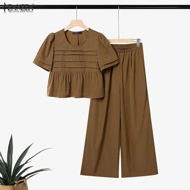 ZANZEA Summer Women Pant Sets Two Piece Sets Short Sleeve Pleated Tops Wide Leg Pants Casual Solid Loose Two-piece Outfits 2PCS
